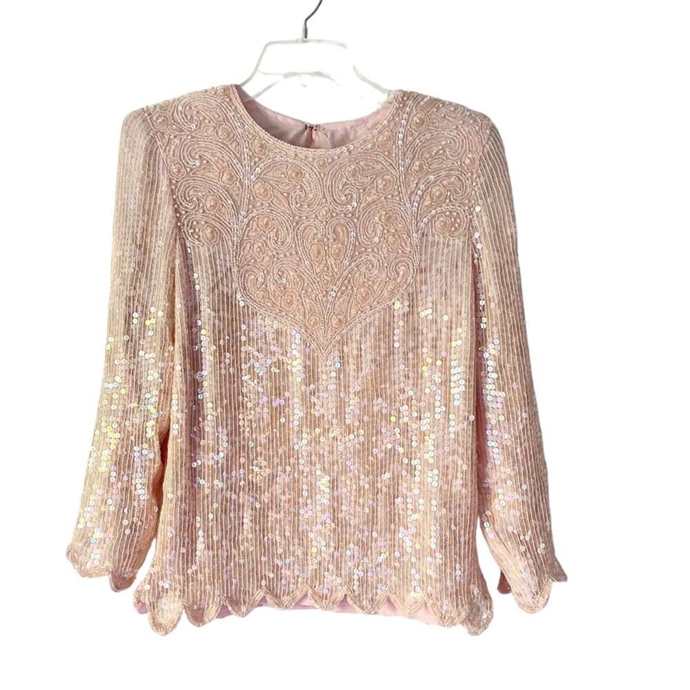 Vintage Pink Sequin Beaded Evening Cocktail Top Blouse size medium